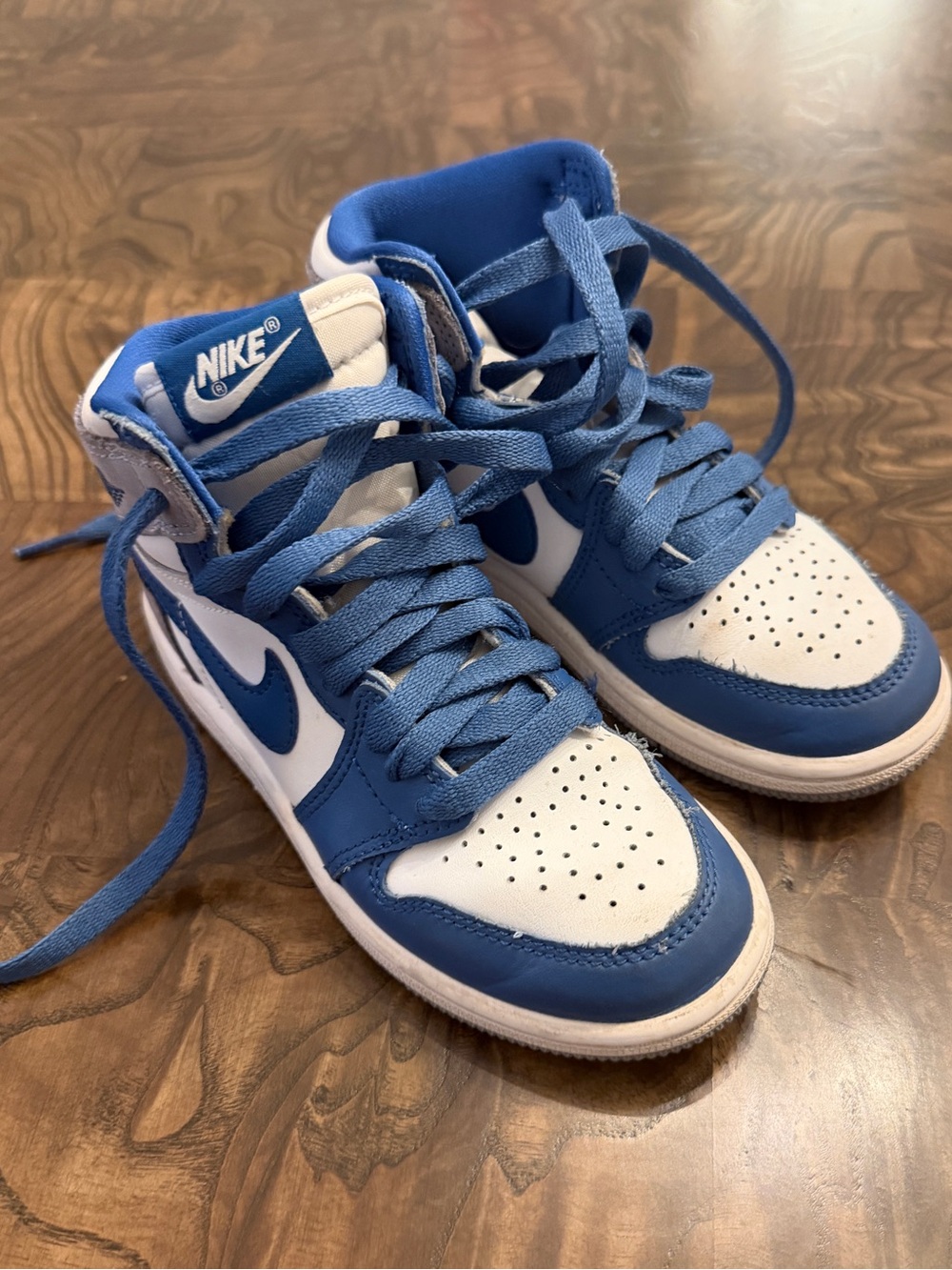 Nike Kids White and Blue High-Top Jordans